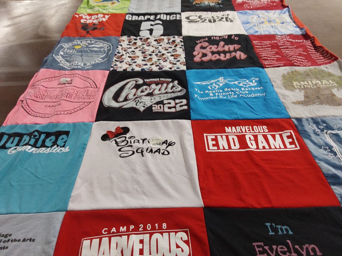 T-shirt quilt with gymnastics, birthday celebrations themes by Kiley from FL