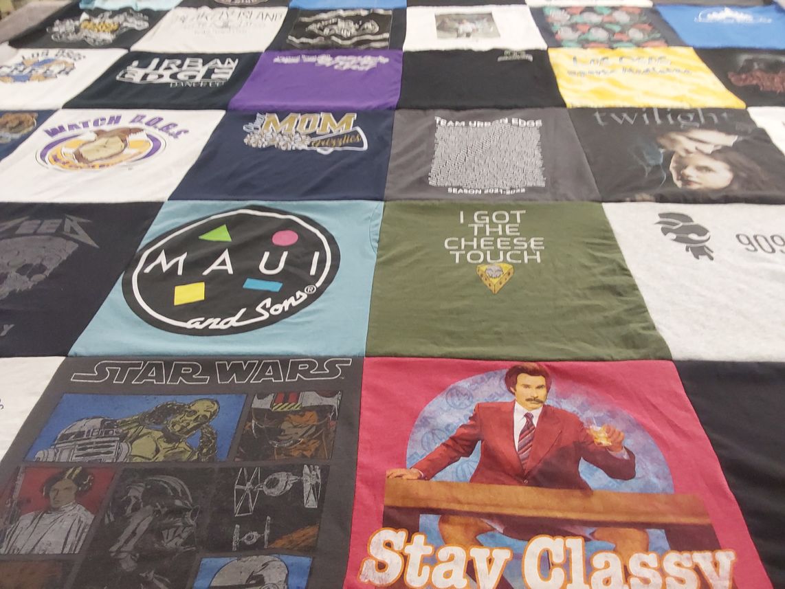 T-shirt quilt with pop culture, movies themes by Shauntel from CA
