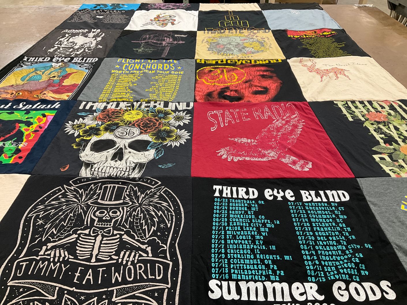 T-shirt quilt with music, concerts themes by Alex from CA