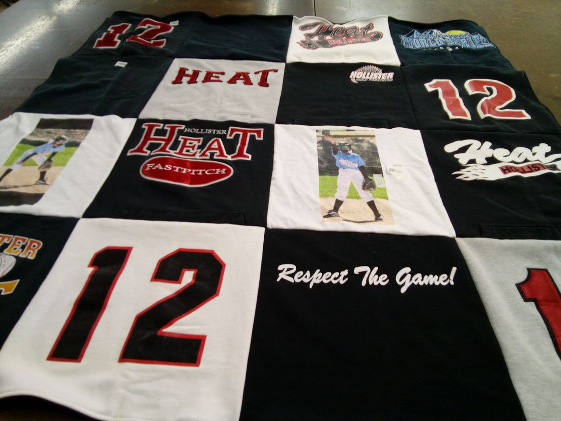 T-shirt quilt with fastpitch softball, sports themes by Nancy from CA