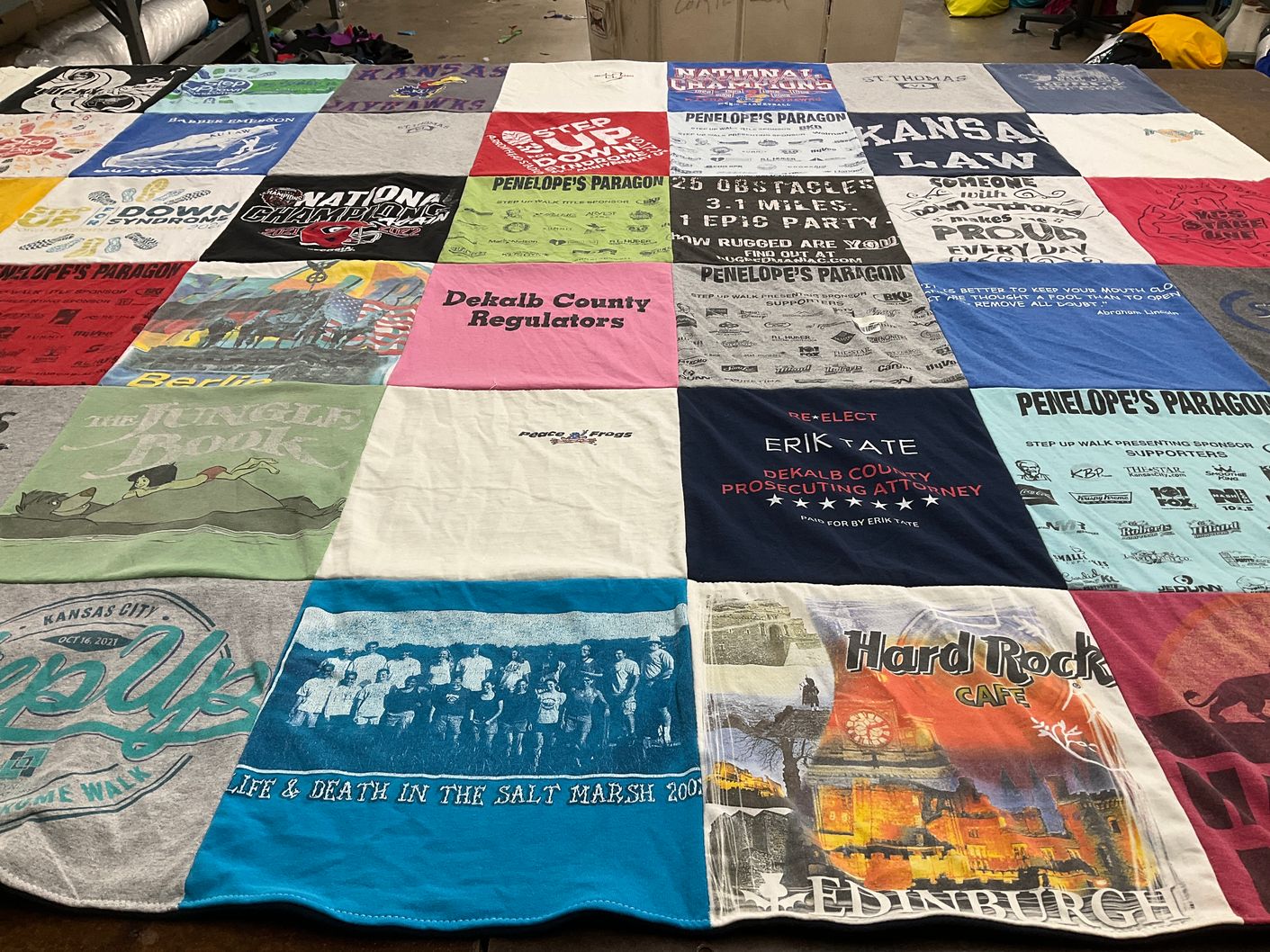 T-shirt quilt with politics, theater themes by Lindsay from MO