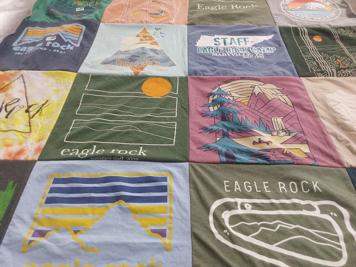 T-shirt quilt with camping, outdoors themes by Karen from MS