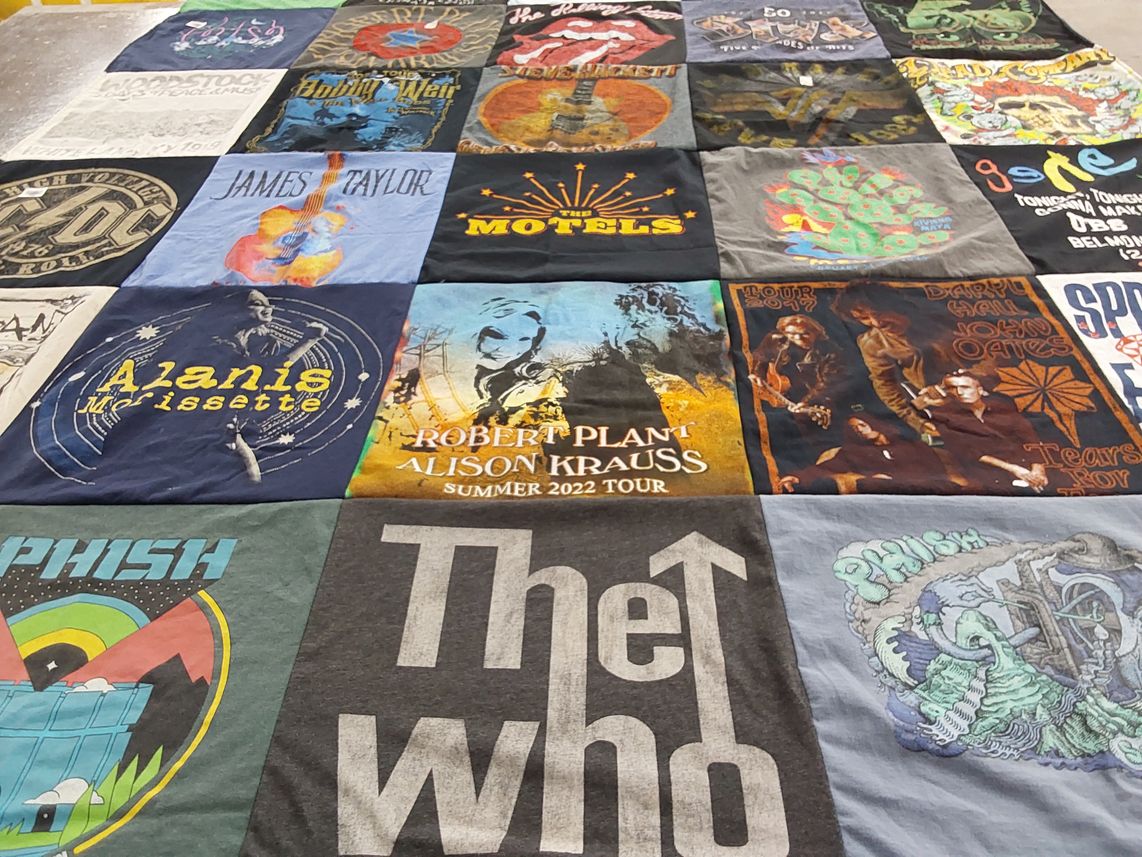 T-shirt quilt with music, concerts themes by Dave from NY