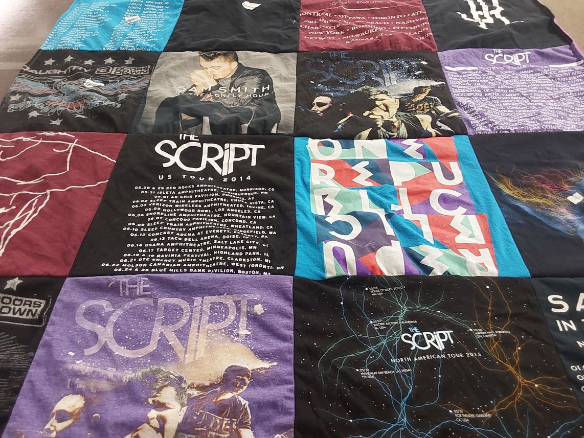 T-shirt quilt with music, concerts themes by Linda from MA