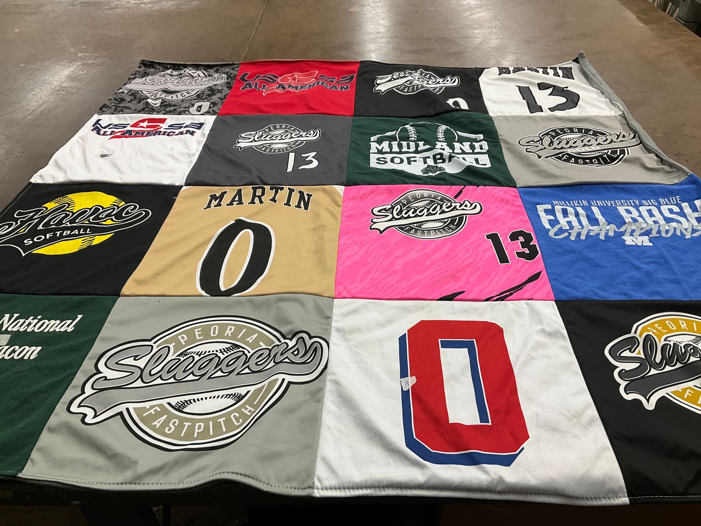 T-shirt quilt featuring peoria sluggers by Ashley from IL