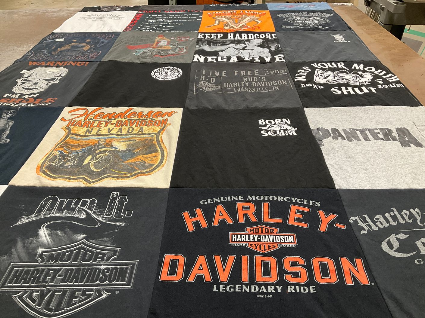 T-shirt quilt with motorcycles, biking themes by Flo from IN