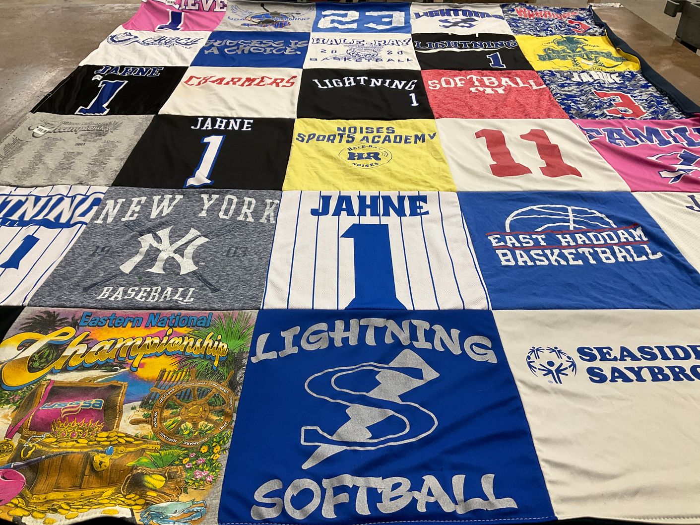T-shirt quilt featuring lightning softball by Ellen from CT