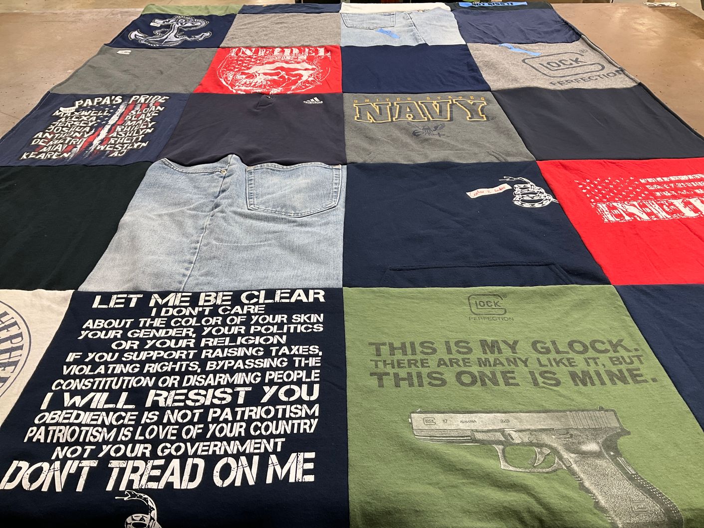 T-shirt quilt with firearms, military themes by Pandora from FL