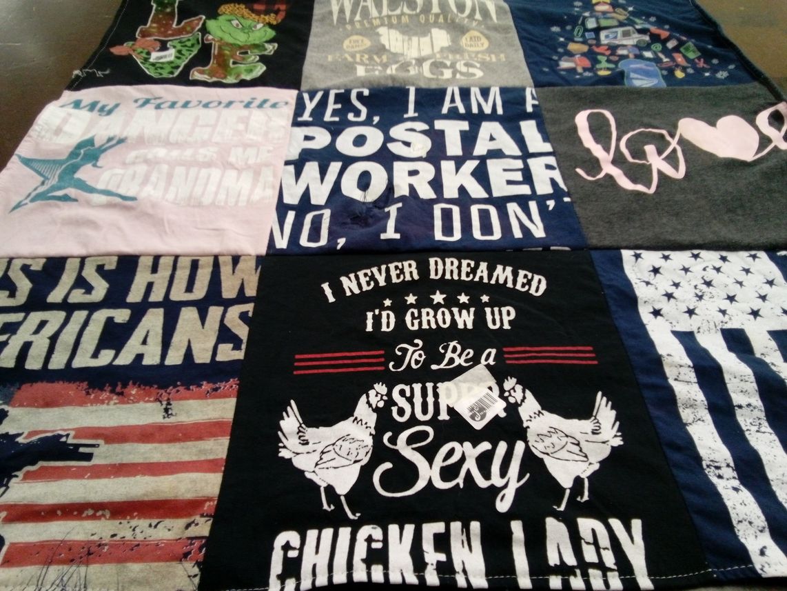 T-shirt quilt with postal work, chickens themes by Shelley from IA