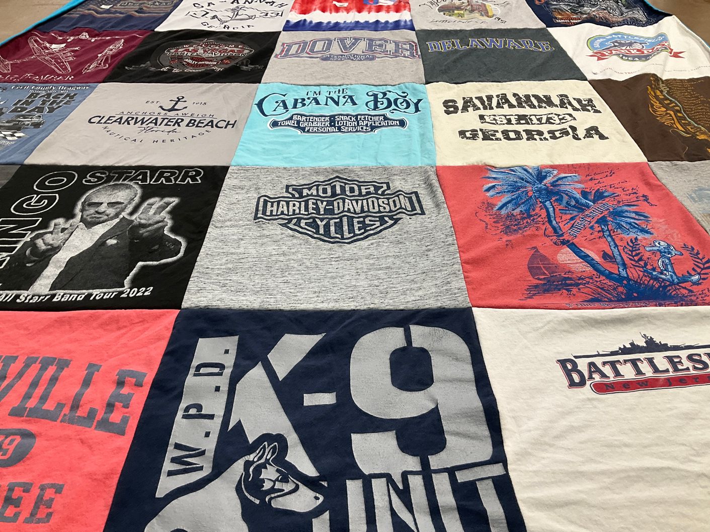 T-shirt quilt with beaches, motorcycles themes by SUSAN from DE