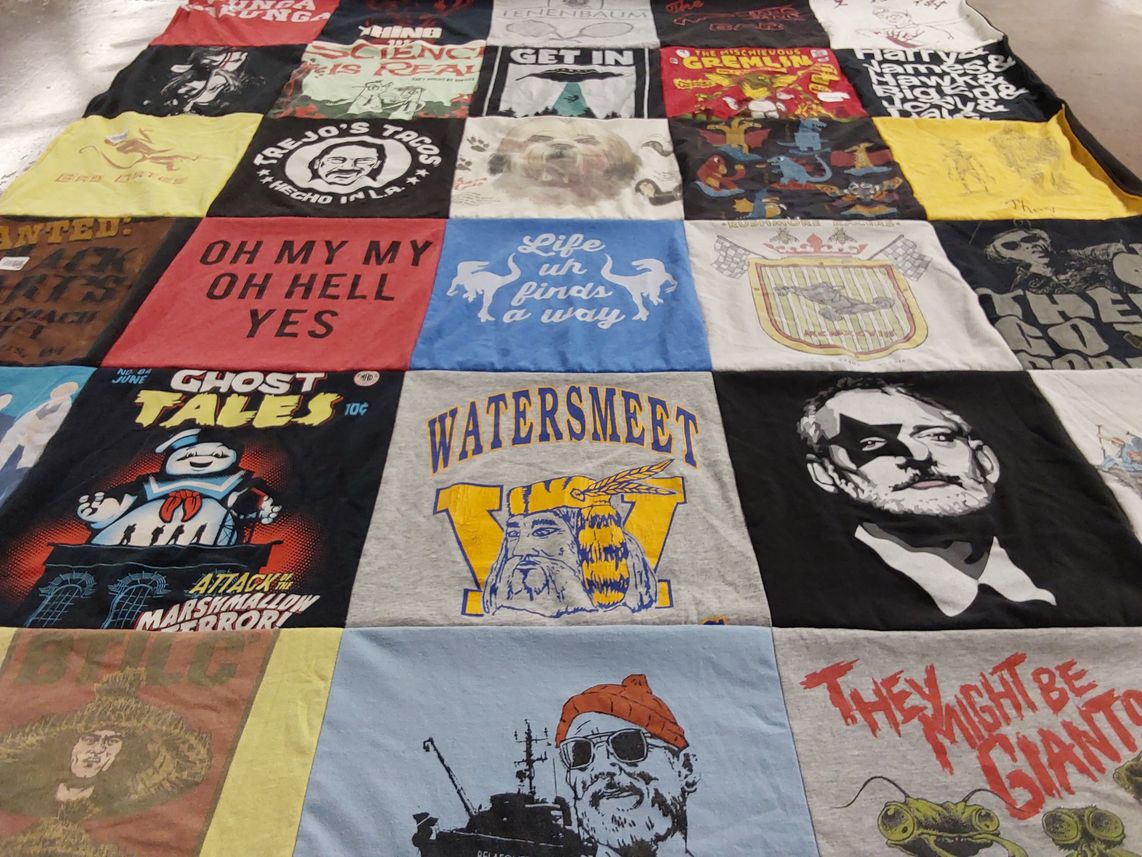 T-shirt quilt with movies, comics themes by Stephen from WI