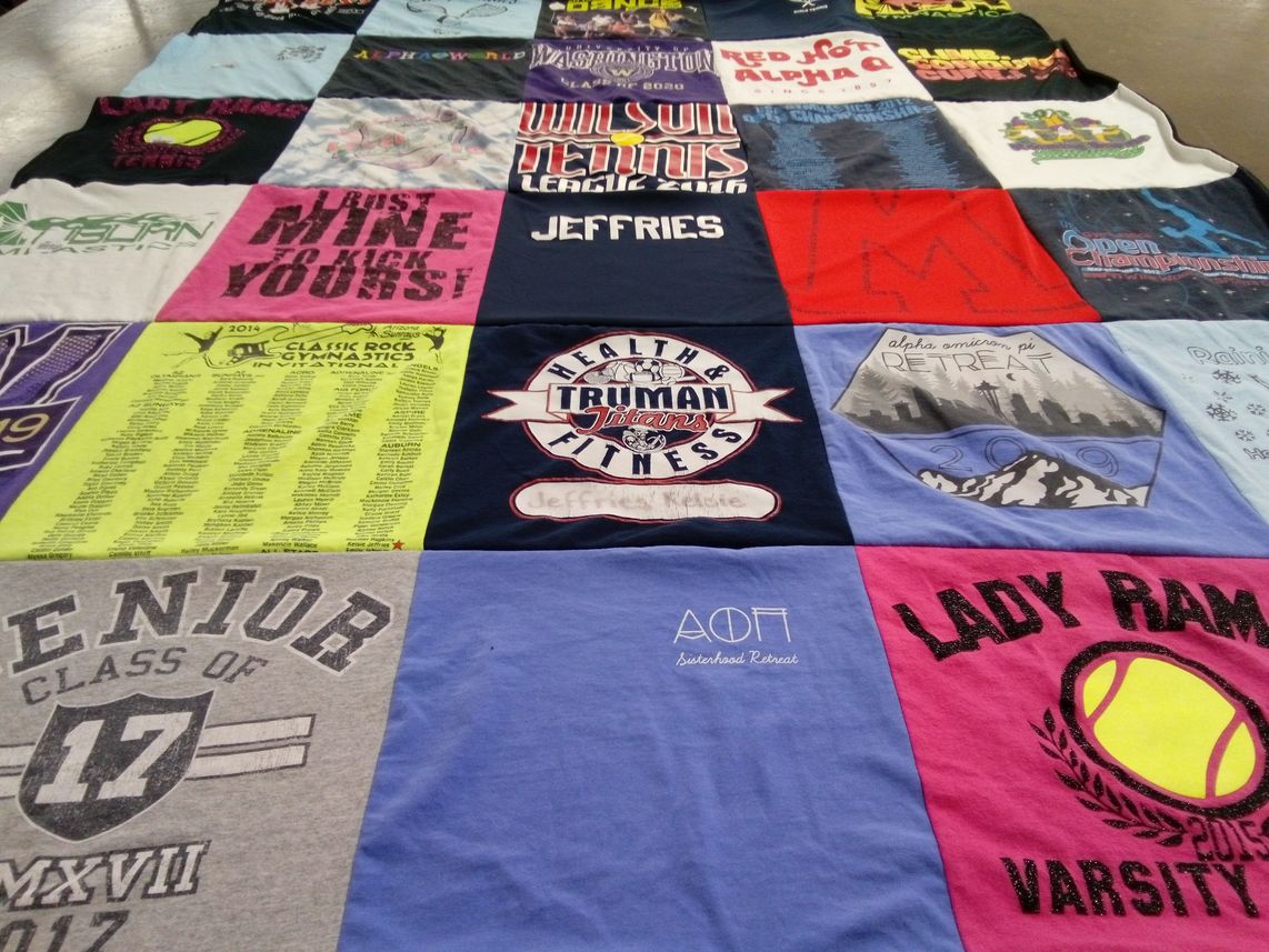 T-shirt quilt with sports, fitness themes by Kelsie from WA