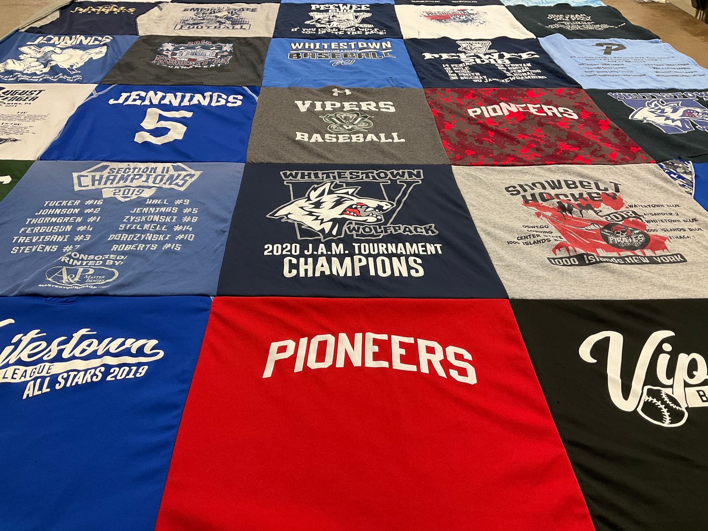 T-shirt quilt featuring whitestown wolfpack, whitestown pioneers by Kimberly from NY