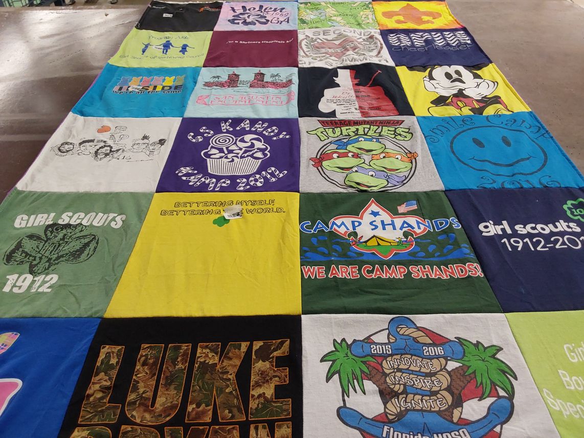T-shirt quilt with camping, scouting themes by lisa from FL