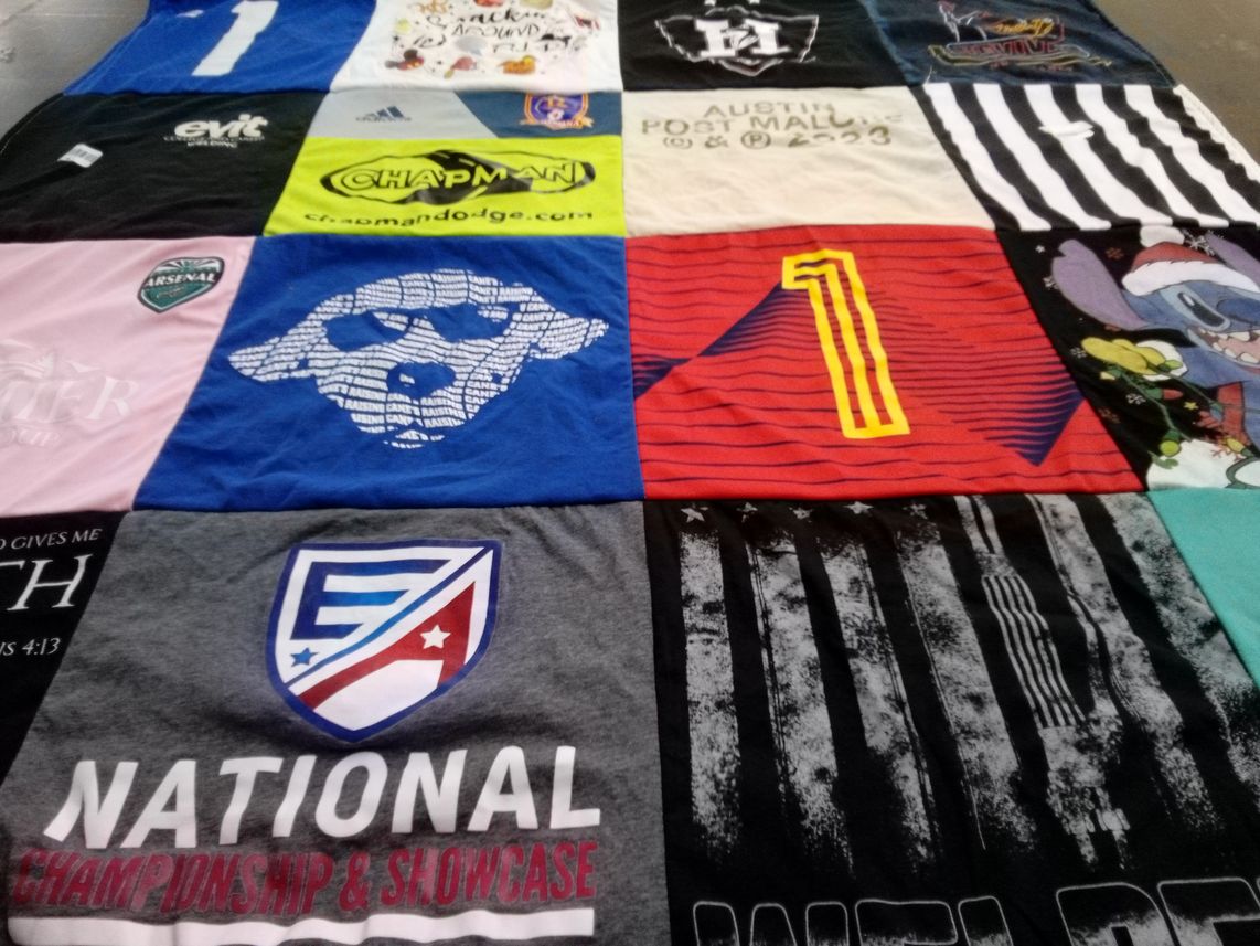 T-shirt quilt with soccer, youth sports themes by Megan from AZ