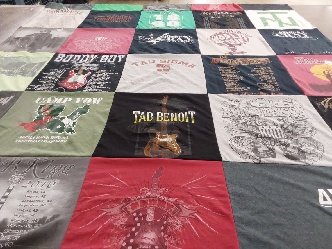 T-shirt quilt with music, guitar themes by Kayla from TX