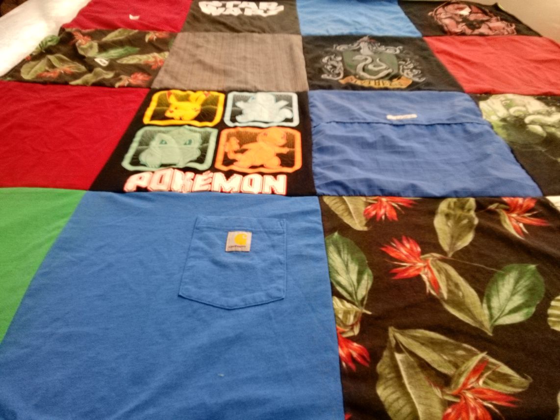 T-shirt quilt with video games, anime themes by Sarah from TX