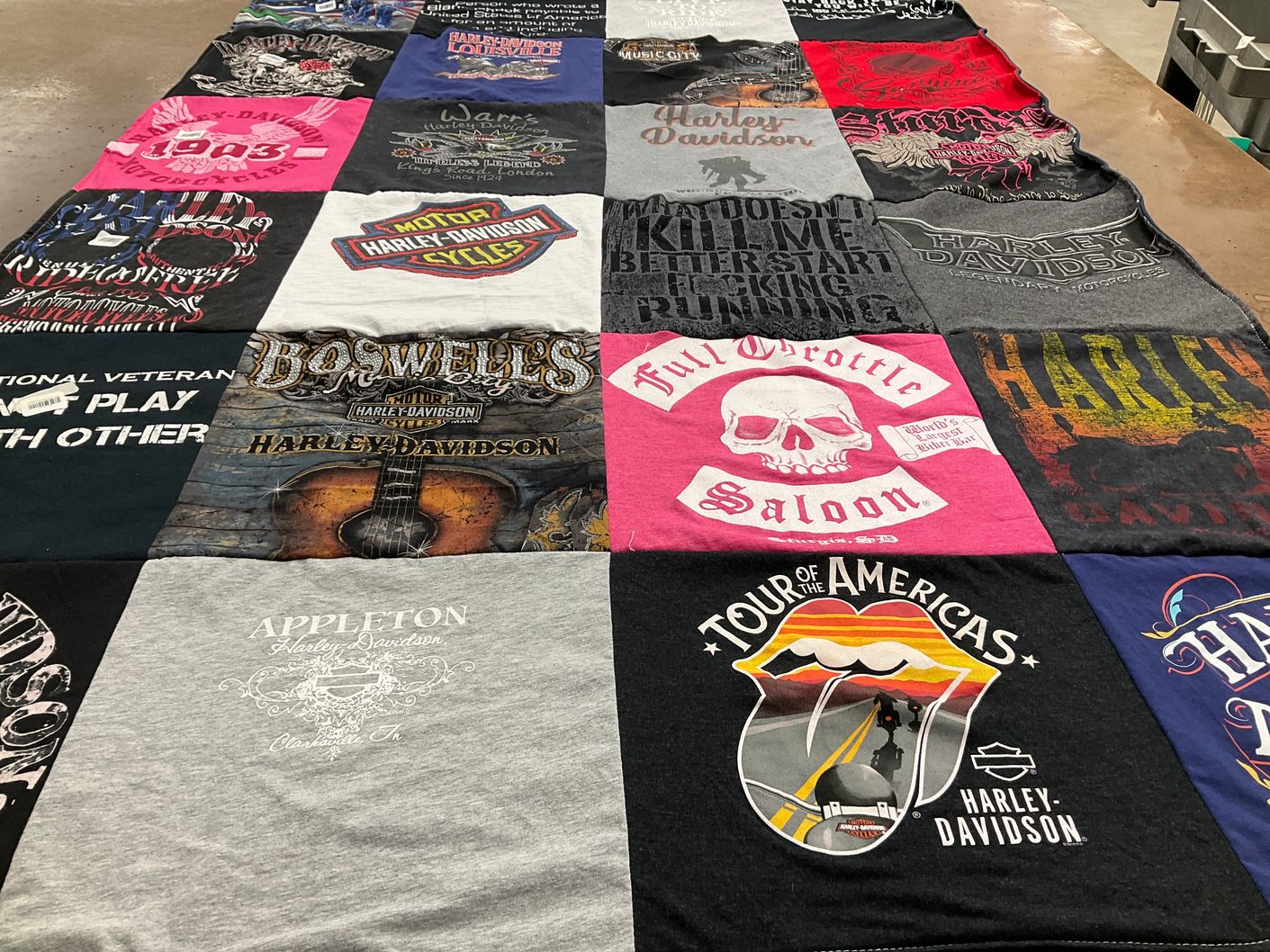 T-shirt quilt with motorcycling, biker culture themes by Sandra from IL