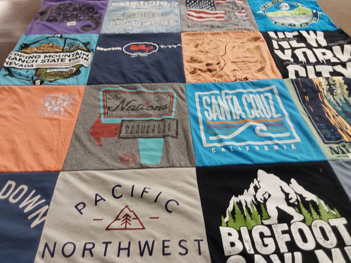 T-shirt quilt with travel, nature themes by Sherri from TN