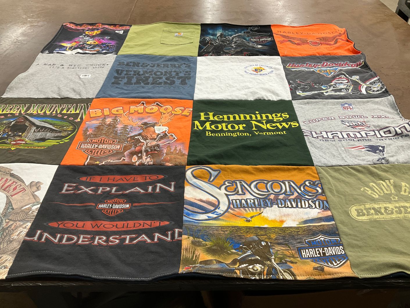 T-shirt quilt with motorcycles, harley-davidson themes by Brigitte from MA
