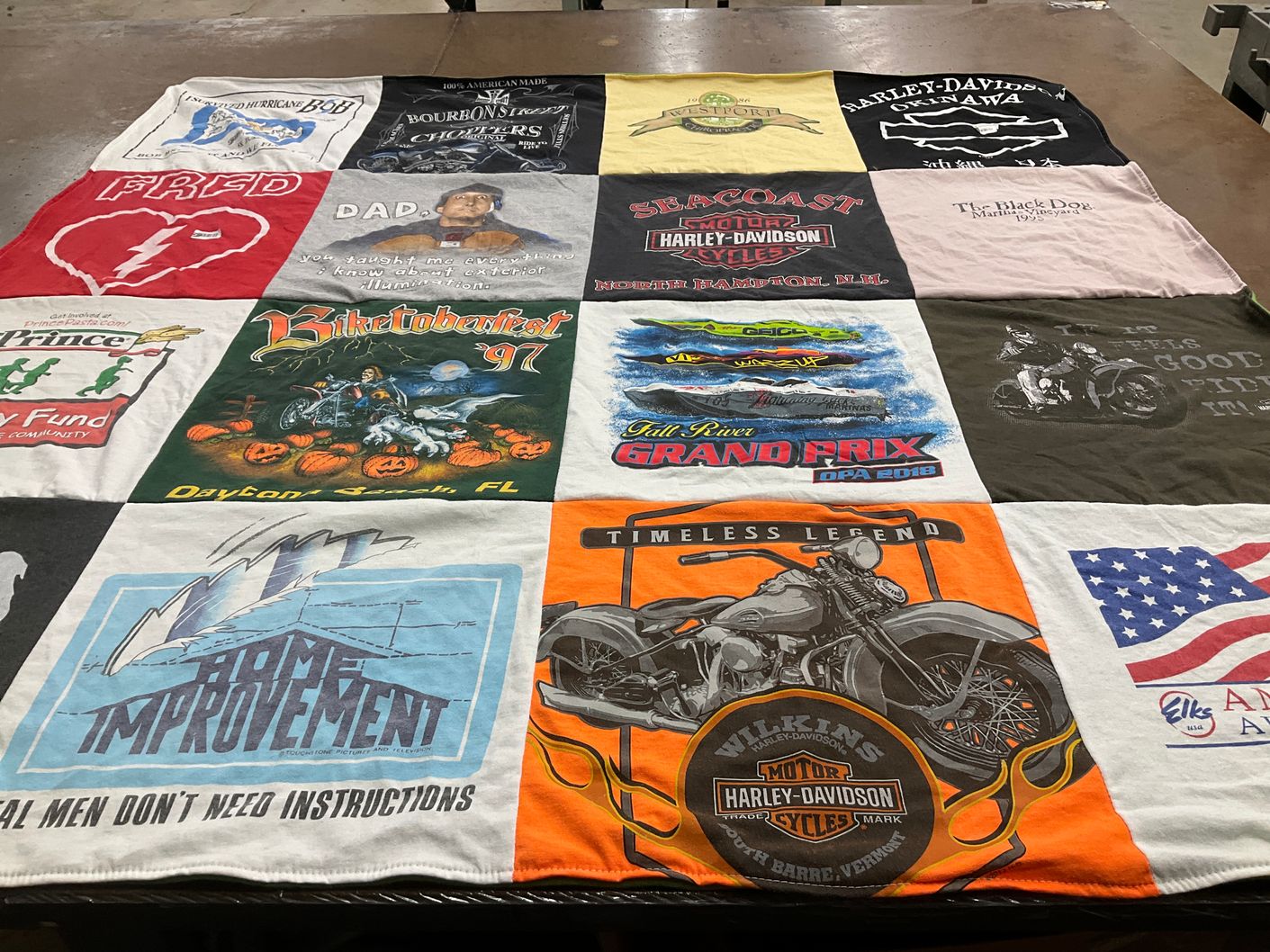 T-shirt quilt with motorcycles, biking themes by Brigitte from MA