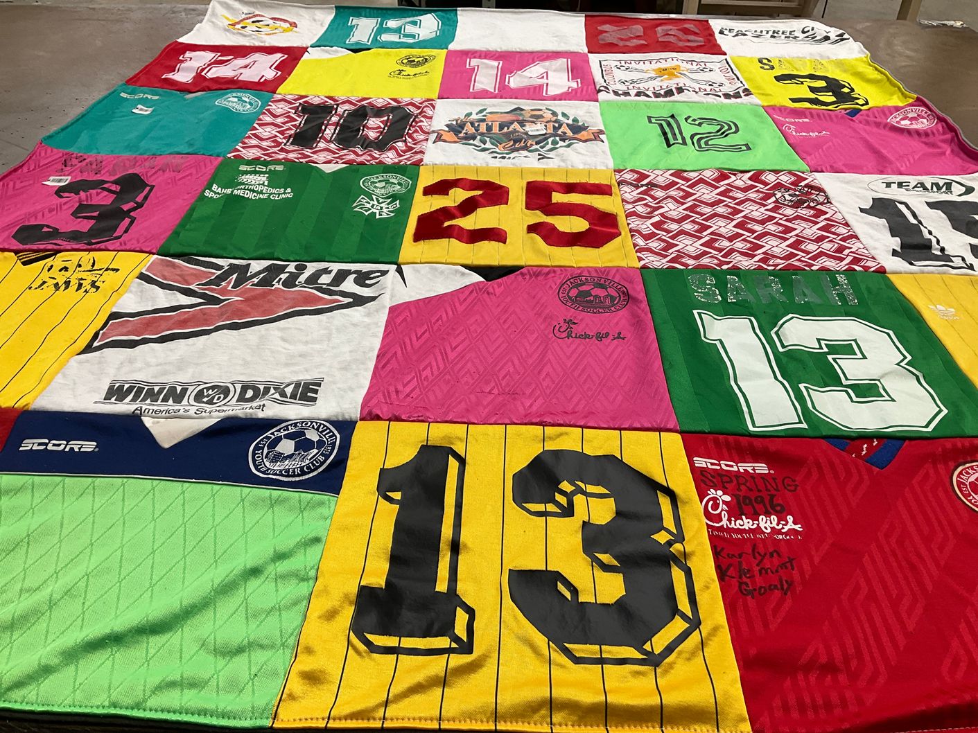 T-shirt quilt with soccer themes by Sarah from KS