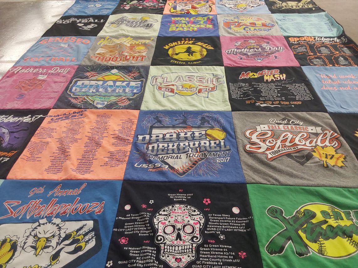 T-shirt quilt with sports, softball themes by Jill from IL