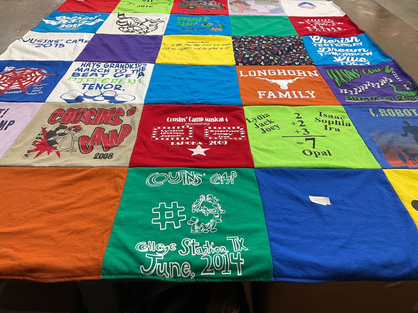 T-shirt quilt with camping, family activities themes by Jackie from TX