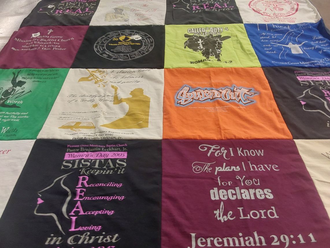 T-shirt quilt with faith, community themes by Marsha from GA