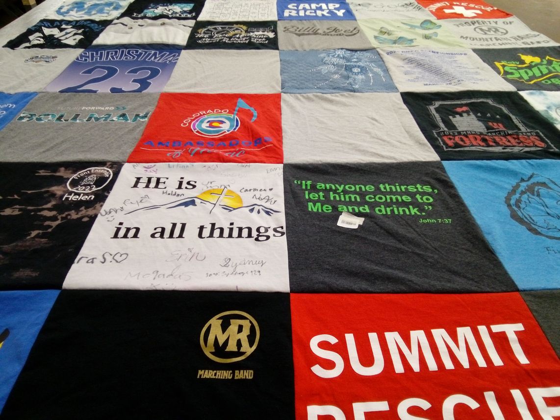 T-shirt quilt with music, faith themes by Brenda from CO