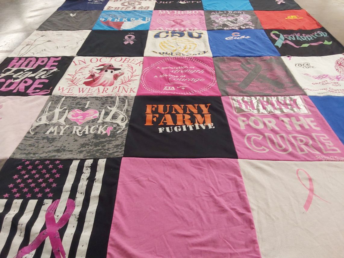 T-shirt quilt with breast cancer awareness, hunting themes by Joseph from IL