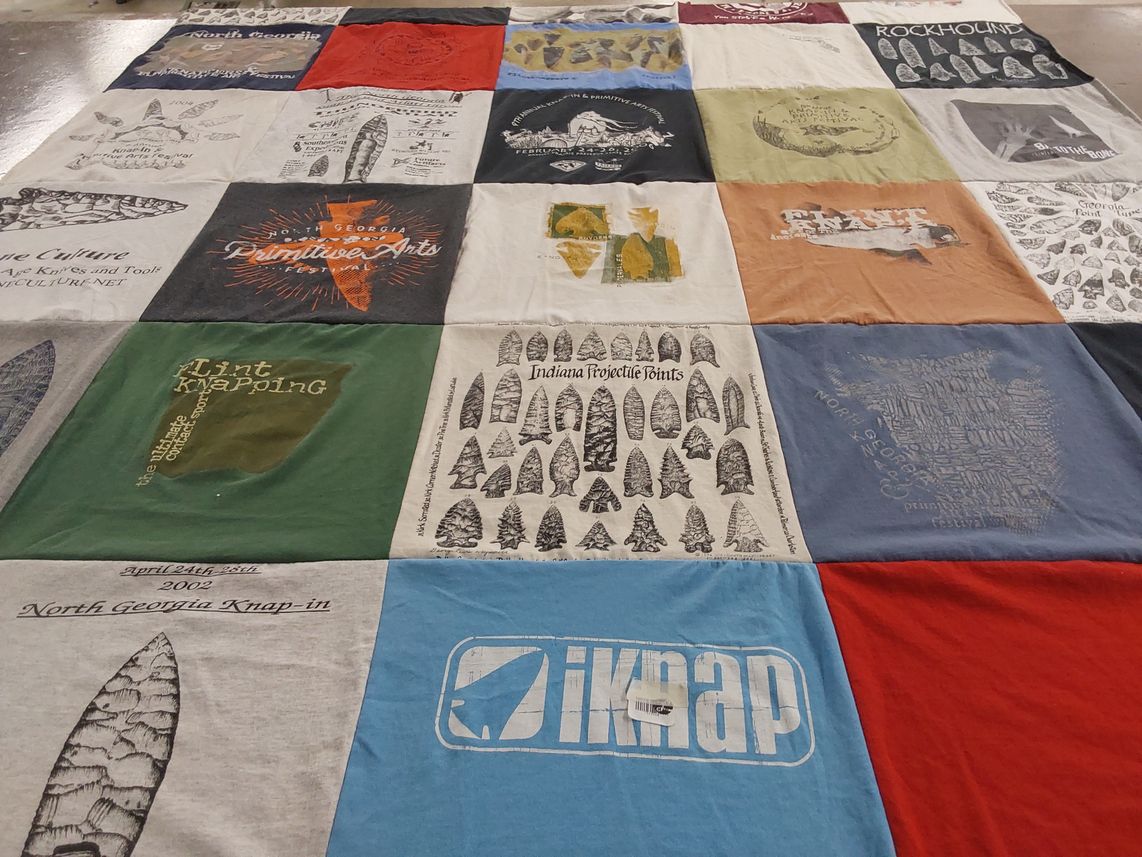 T-shirt quilt with flint knapping, primitive arts themes by Bobby from GA