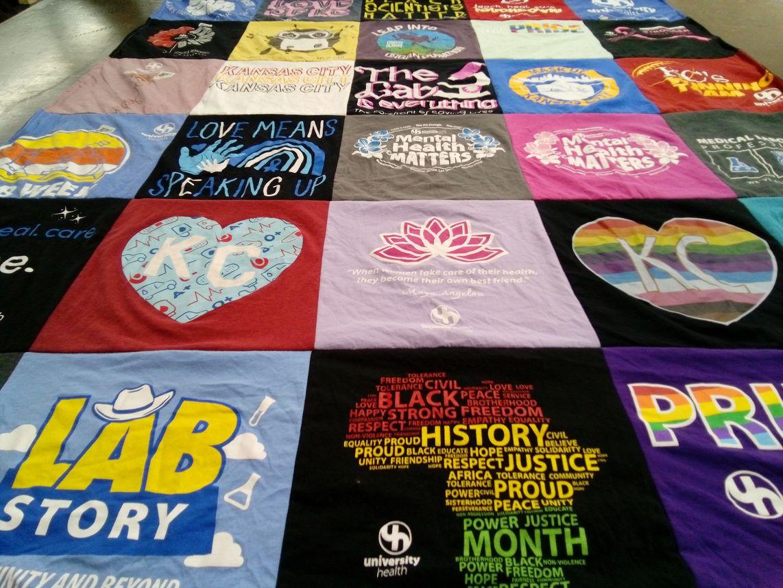 T-shirt quilt with mental health, healthcare themes by April from MO