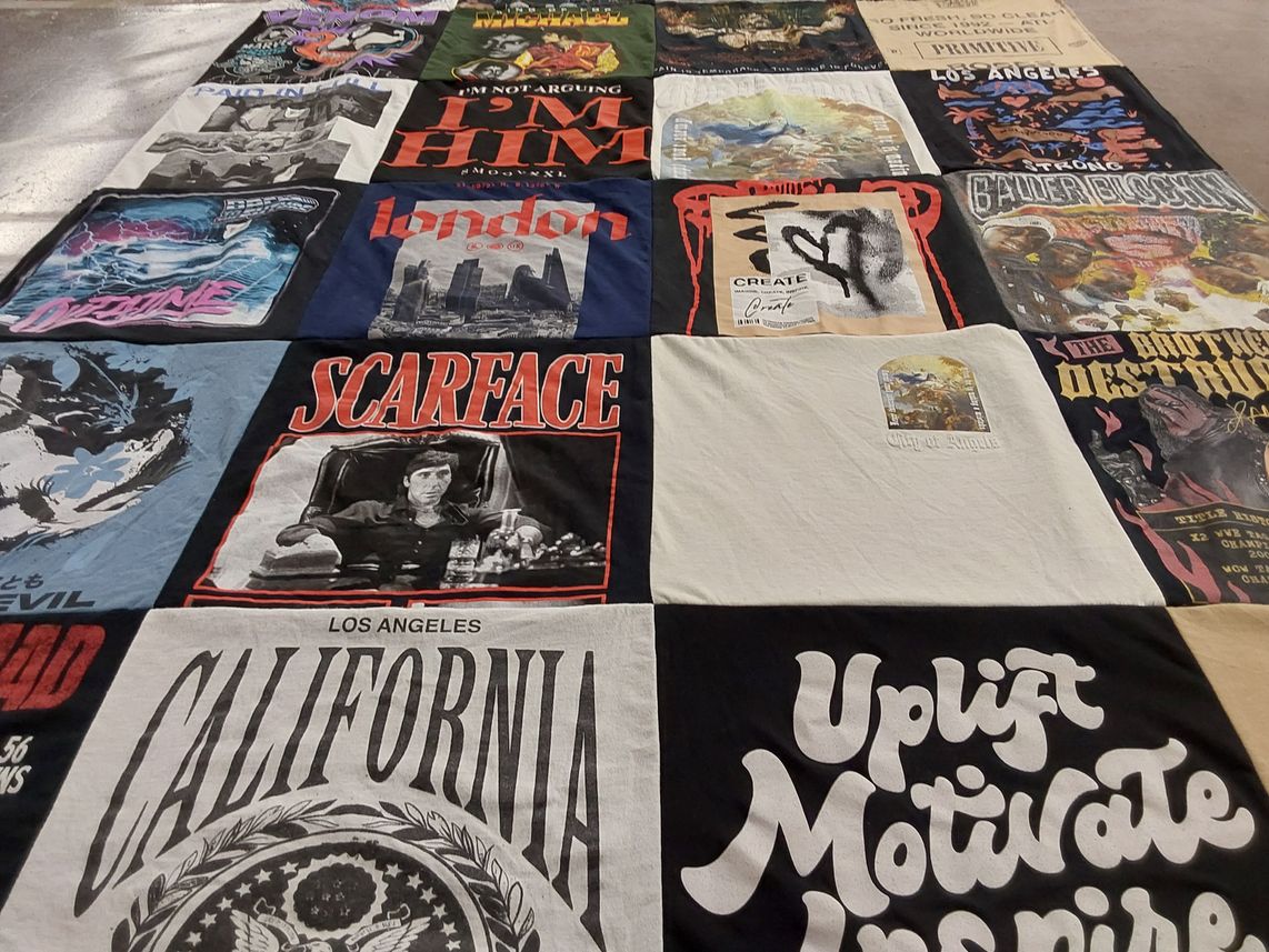 T-shirt quilt with movies, art themes by Natasha from CA