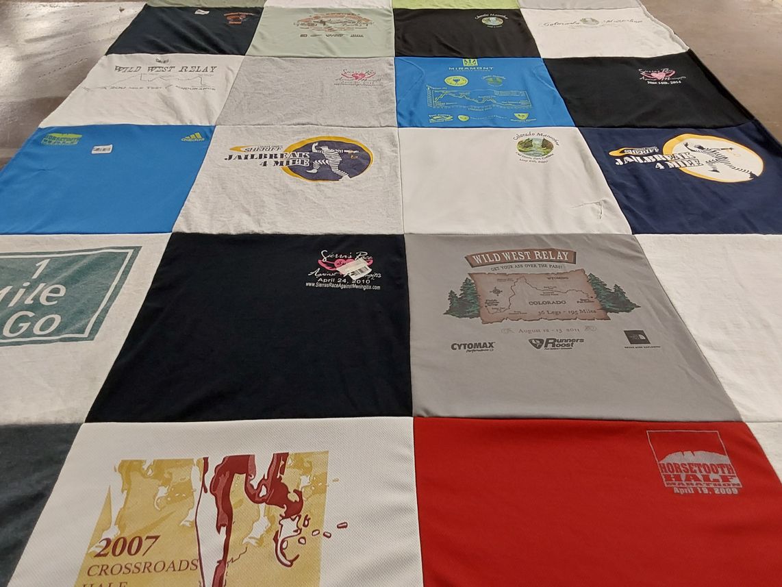 T-shirt quilt with running, relay races themes by Jeffrey from CO