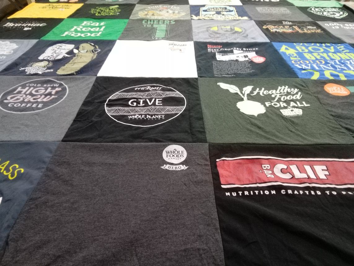 T-shirt quilt with healthy eating, coffee themes by Lyndsay from TX