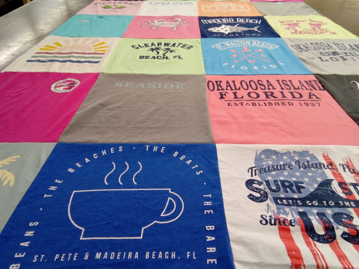 T-shirt quilt with beaches, surfing themes by Margene from IA
