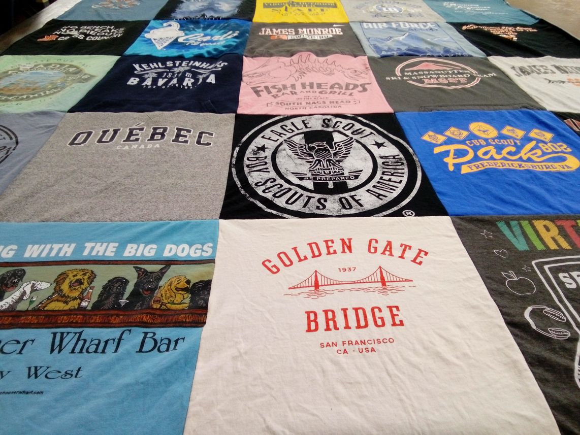 T-shirt quilt with scouting, travel themes by Suzanne from VA