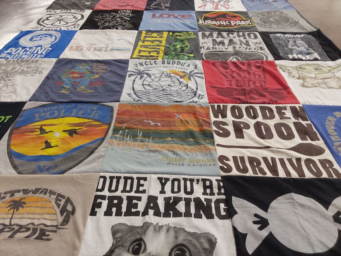 T-shirt quilt with surfing, outdoors themes by Kevin from NY