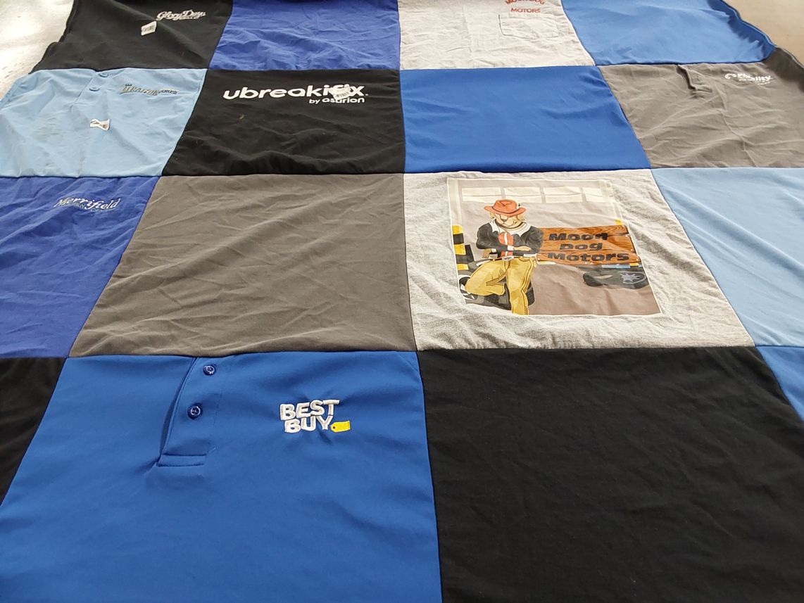 T-shirt quilt with technology, automotive themes by Karen from NC