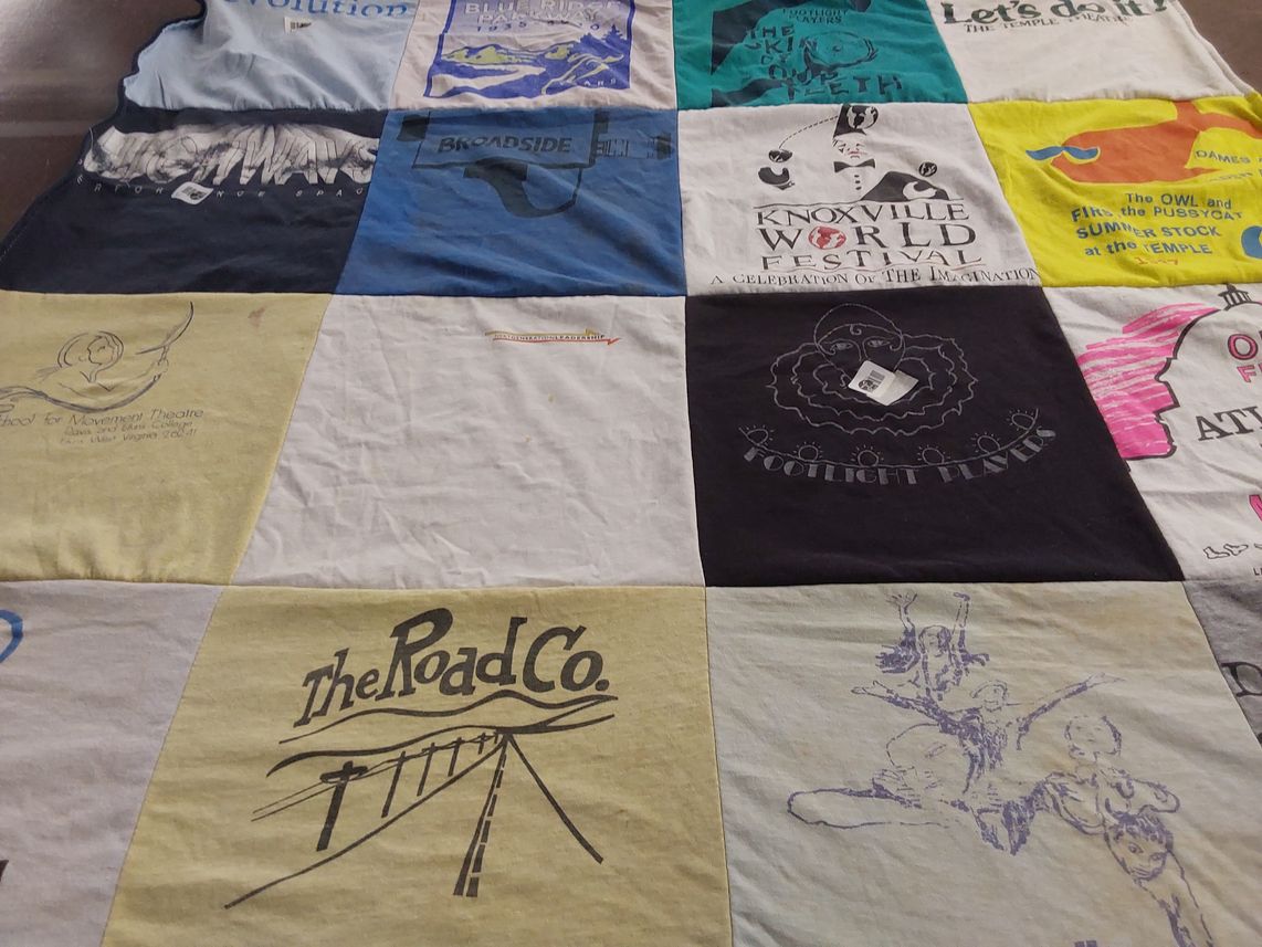 T-shirt quilt with theater, performance themes by Kathie from GA