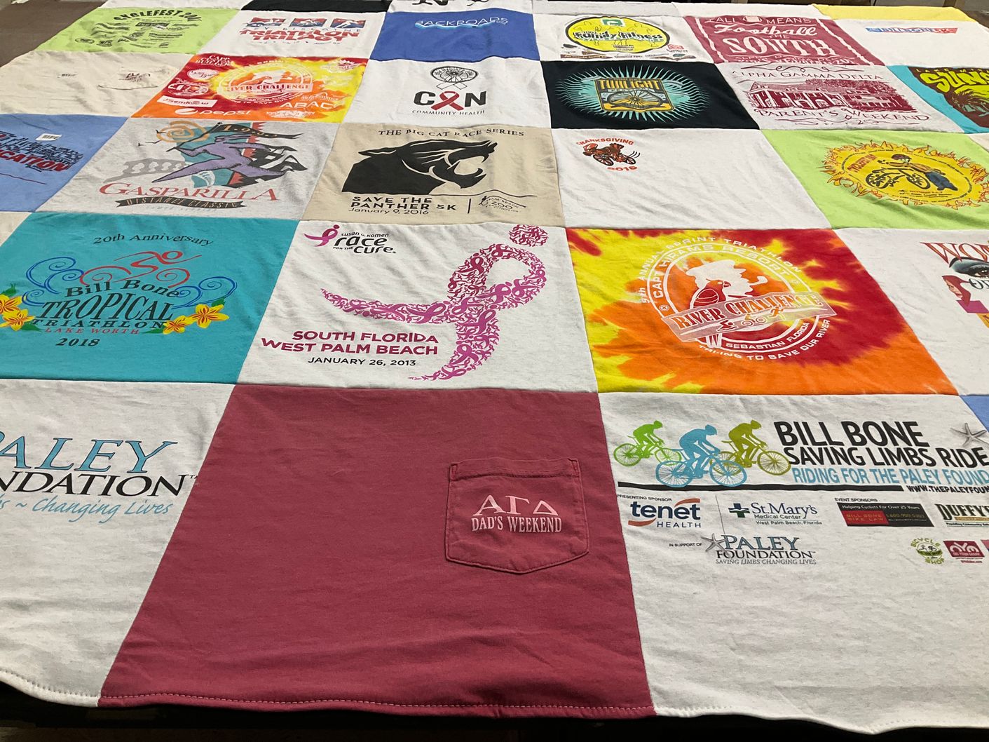 T-shirt quilt with charity, triathlons themes by Rex from FL