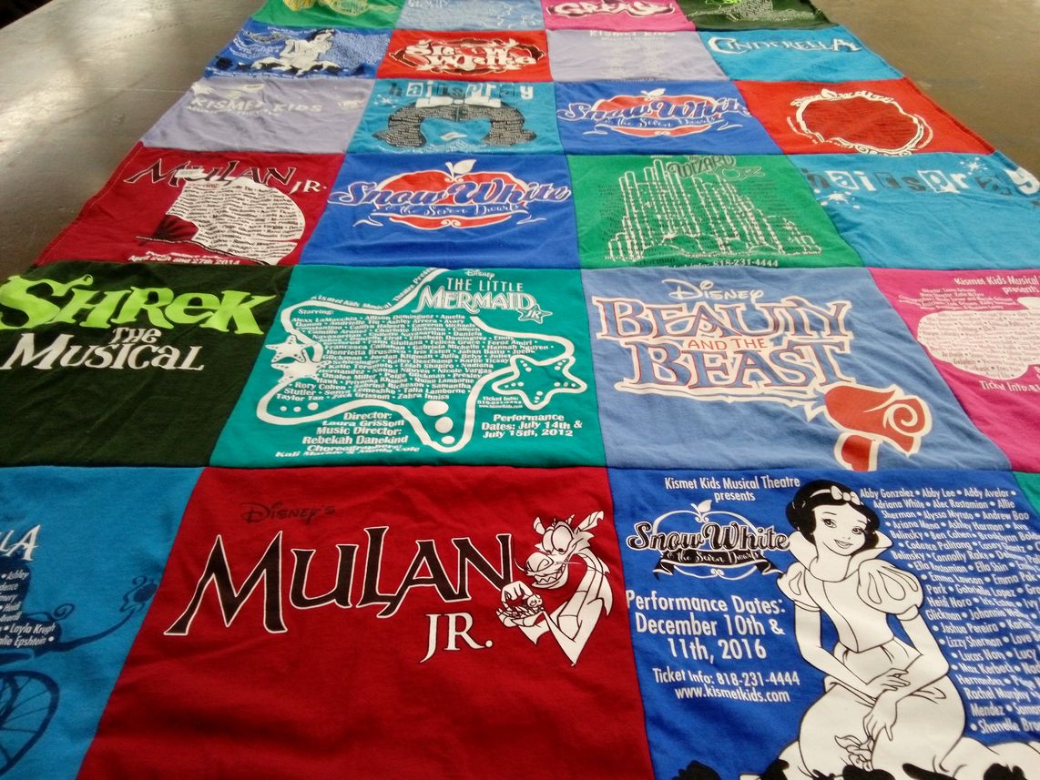 T-shirt quilt with theatre, musicals themes by Kelly Jo from CA