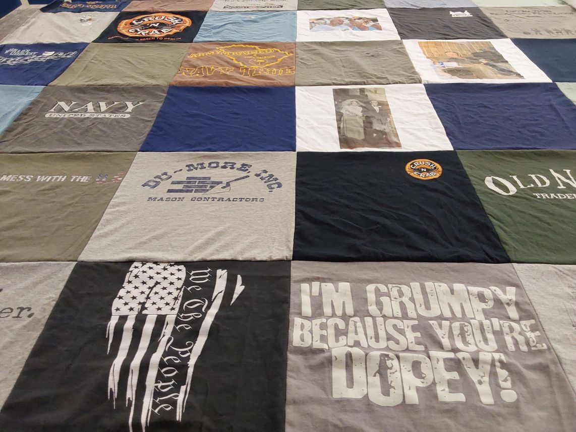 T-shirt quilt with military, humor themes by Lynda from CT