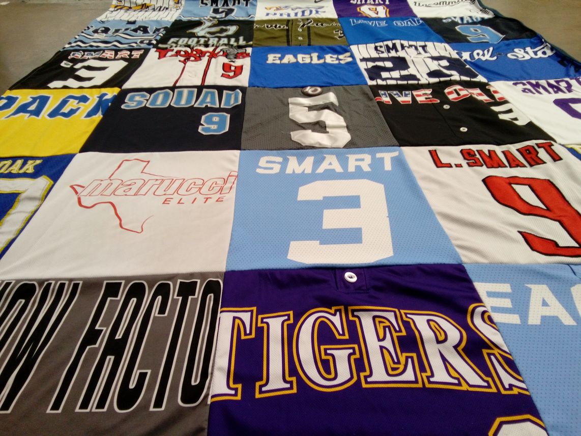 T-shirt quilt with sports, baseball themes by Brandi from LA