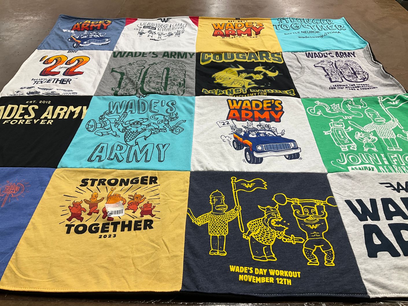T-shirt quilt with neurology, health awareness themes by Heather from NJ