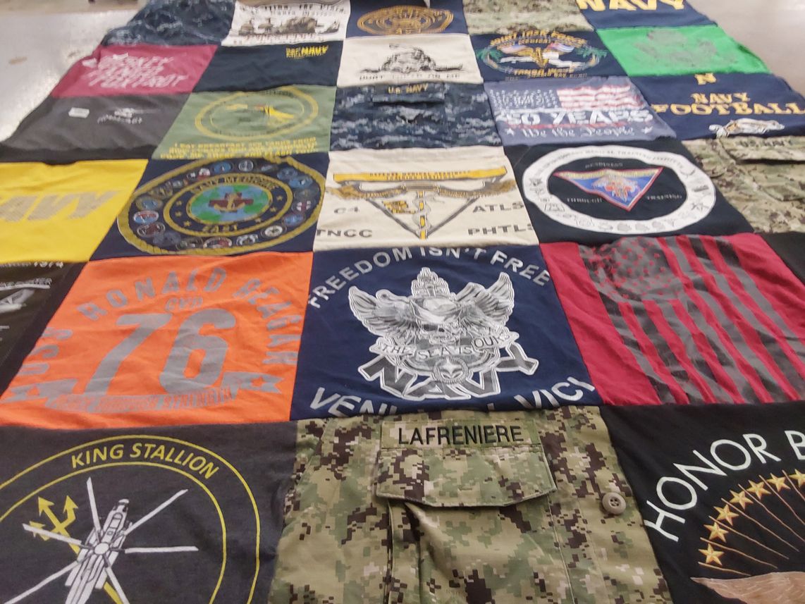 T-shirt quilt with military, navy football themes by Kristina from VA
