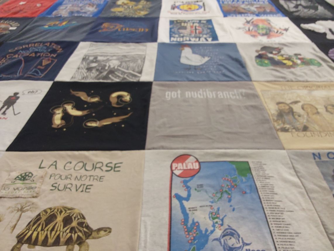 T-shirt quilt with marine life, conservation themes by Barbara from MN