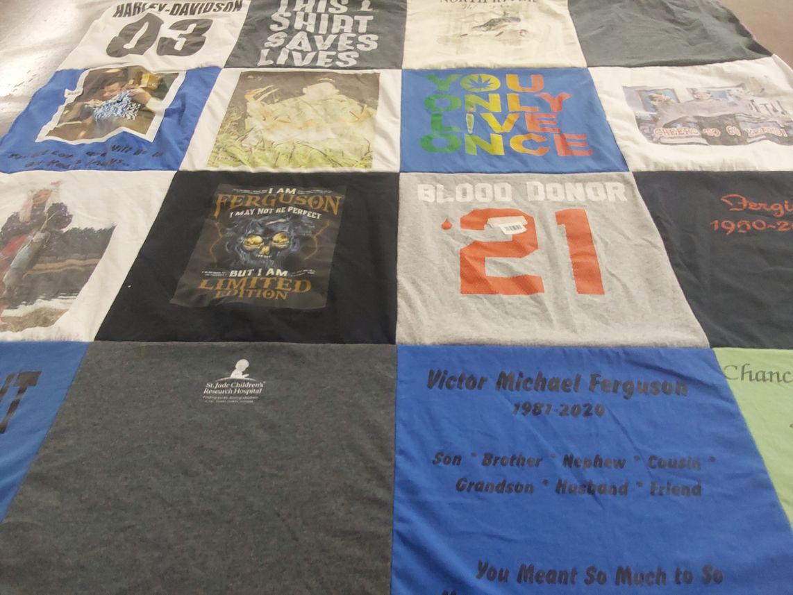 T-shirt quilt with motorcycles, philanthropy themes by Leslie from PA