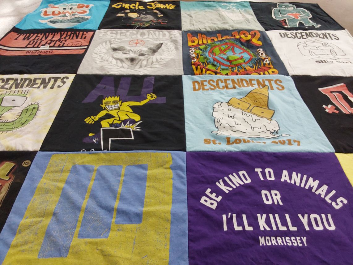 T-shirt quilt with music, punk themes by Janice from MO